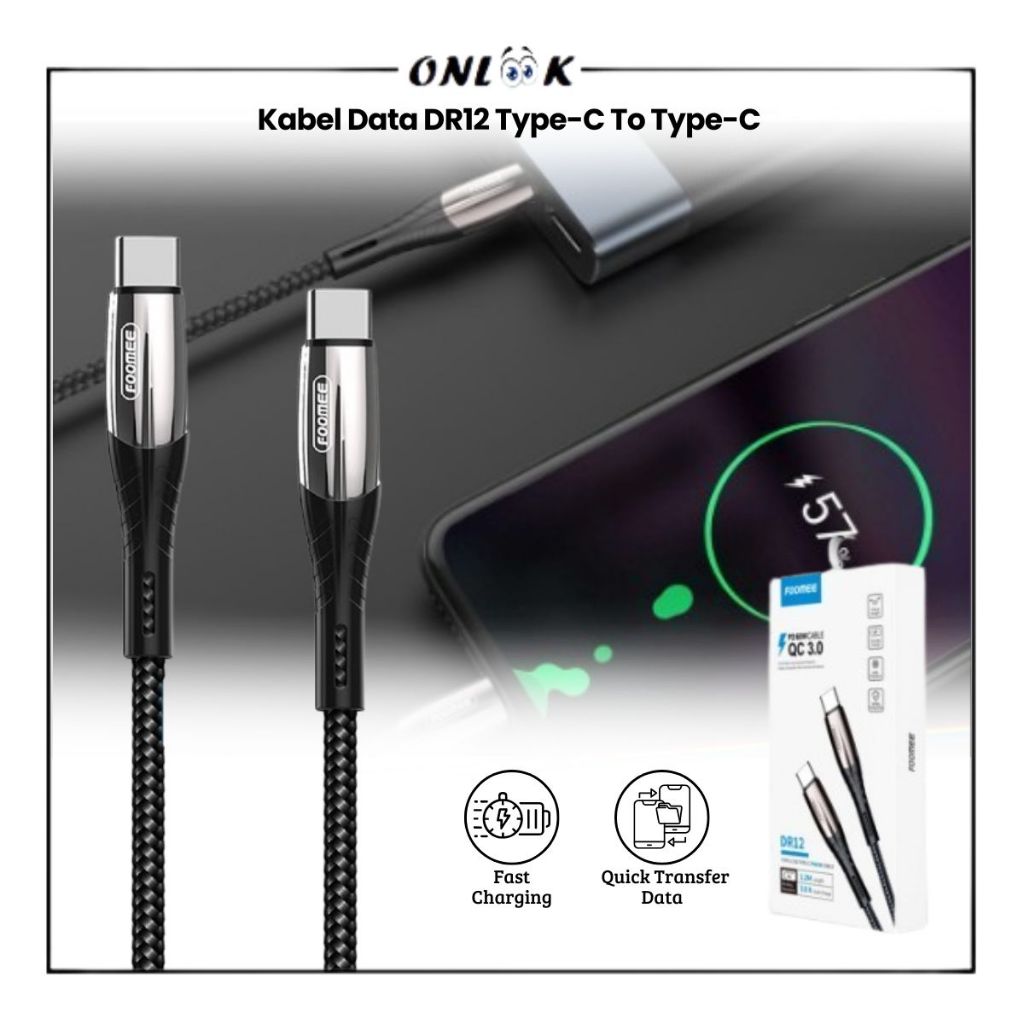 Kabel Data Foomee DR12 Type-C To Type-C PD60W 120Cm QC Cable Charger 3.0 Fast Charging