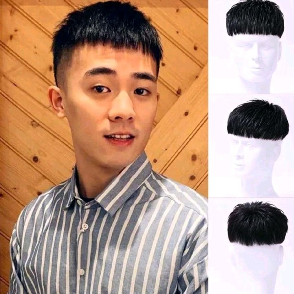 Toupee Pria Korea Rambut Pendek Warna Hitam Wig Sebagian Penutup Botak Tengah Model Rambut Pendek