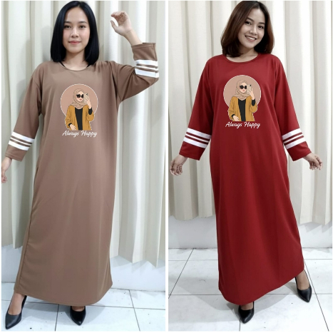 Gamis wanita dewasa HAPPY Lengan panjang garis pakaian perempuan kaos