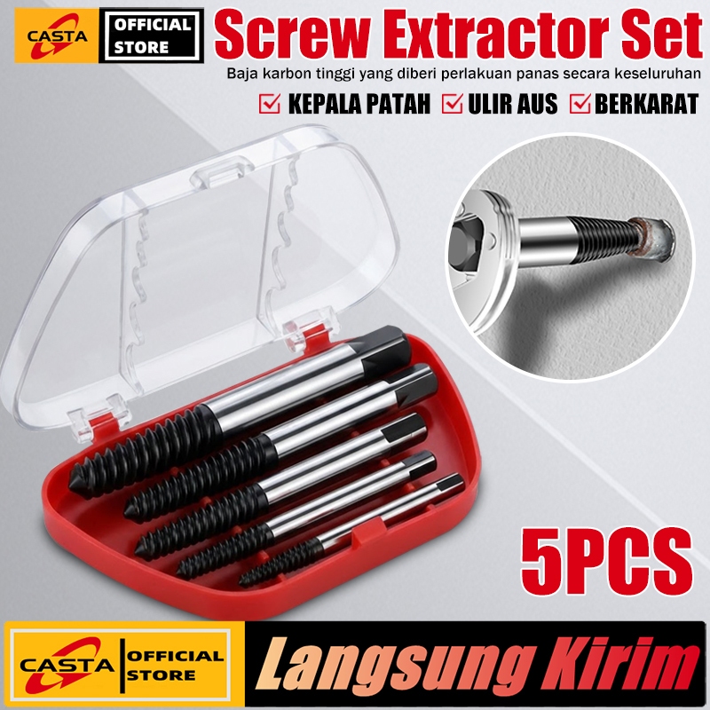 CASTA Pembuka Baut Alat Pembuka Baut Rusak 5 Pcs Screw Extractor Set Tap Balik untuk Baut Patah Kepa