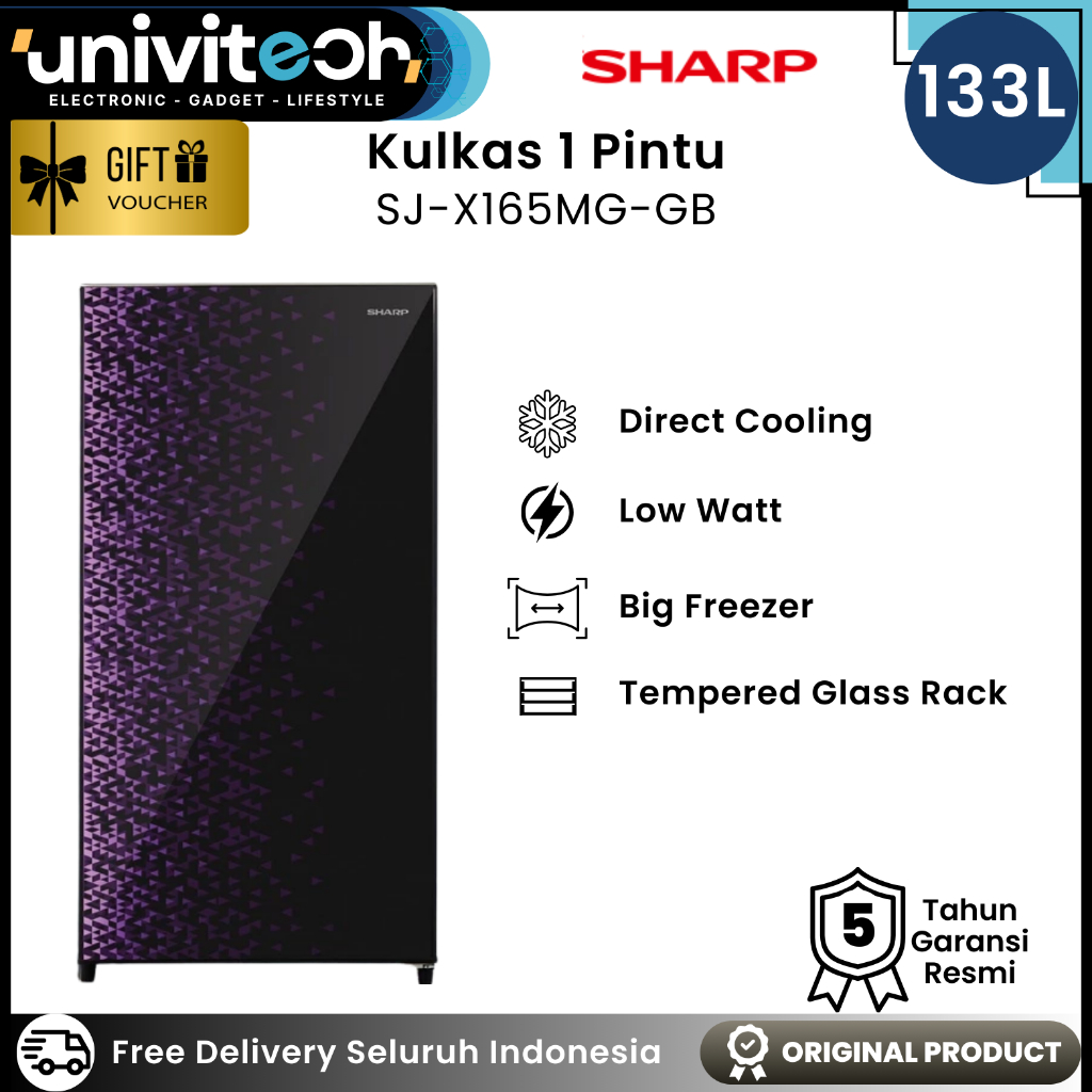 Sharp Kulkas 1 Pintu 133 Liter Low Watt Fast Cooling Rak Kaca Magneglass Door - SJ X165MG GR/GB