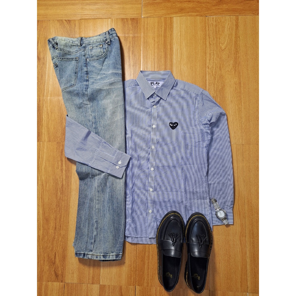 KEMEJA STRIPES NAVY BLUE CDG PLAY PRIA WANITA COTTON ORIGINAL