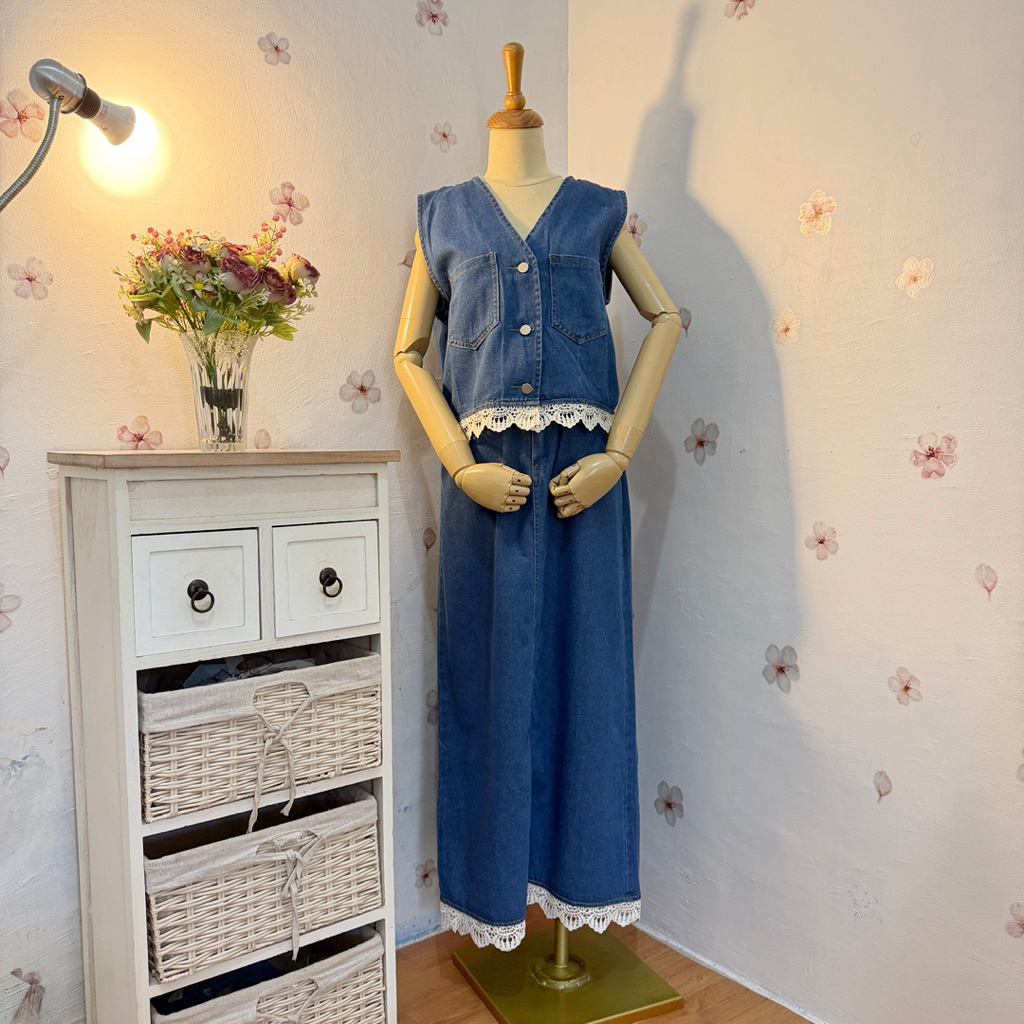 PIPO.ID | Setelan Denim Wanita Outer Vest + Rok Panjang Jeans Aksen Renda Casual Fashion Korea