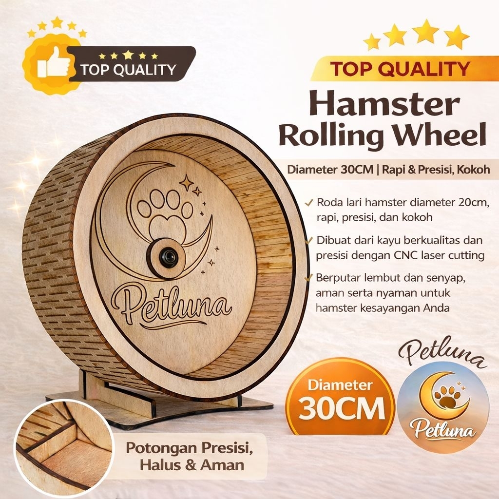 30cm Jogging Wheel Hamster Kayu Silent Petluna Kincir Hamster CNC Laser Cutting Tanpa Paku Aman Prem