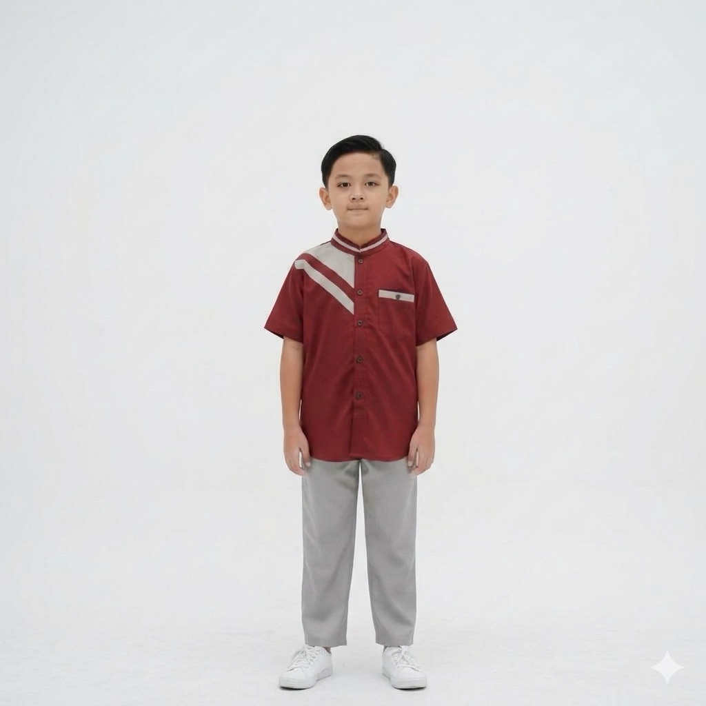 Setelan Baju Koko Anak Laki-Laki Lengan Pendek - Kombinasi Merah Marun & Abu-Abu