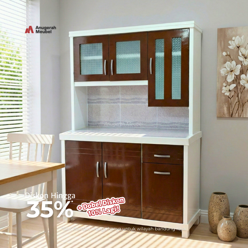 Anugerah Meubel Lemari Piring 3 Pintu Kayu Minimalis Cat Duco Lalitha Pualam
