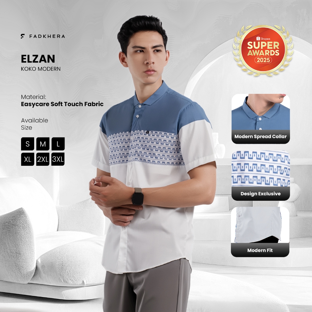 FADKHERA ELZAN | Fadkhera Official Store Baju Koko Kemeja Pria Dewasa Biru Lengan Panjang Depok