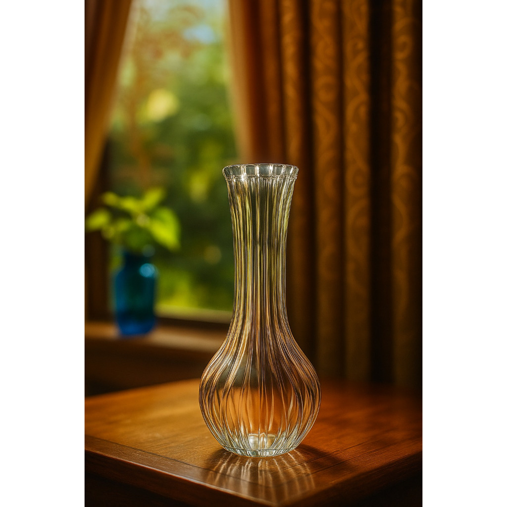 Vas Bunga Kaca Long Neck Aesthetic / Vas Kaca Tekstur Ulir Garis / Pot Bunga Meja Unik Vintage Decor