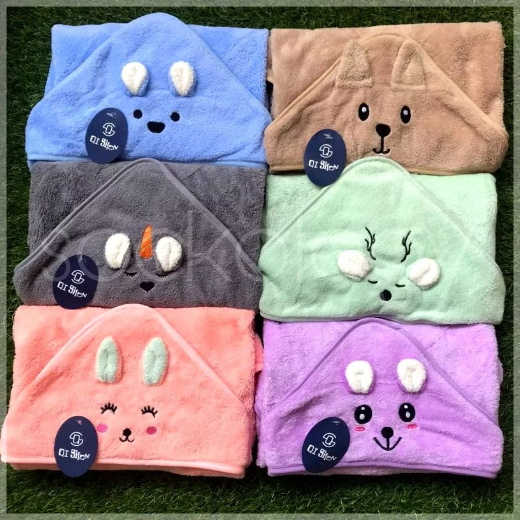 (PER 3 PASANG) Handuk bayi hoodie topi anak dan bayi 3D kuping timbul 70 x 70 CM bahan microfiber le