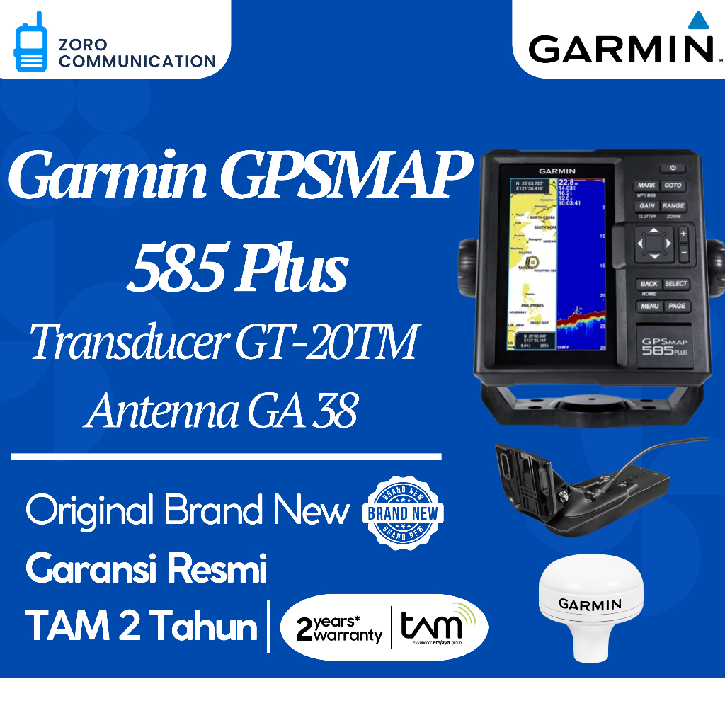 Garmin GPSMAP 585 Plus + Transducer GT20-TM + Antenna GA 38 – Fishfinder & GPS Original Garansi Resm