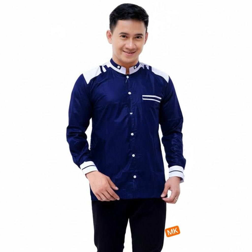 Abha - Baju Koko Pria Lengan Panjang Motif adidas Navy | Koko Pria Lengan Panjang Terbaru