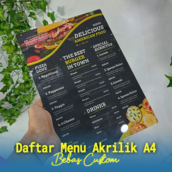 Daftar Menu Akrilik Ukuran A4, Daftar Menu Restoran/Rumah Makan/Caffe, Daftar Menu Akrilik Desain Cu