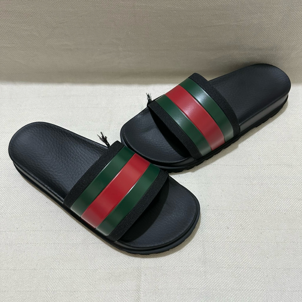 Gucci Trek Web Slide Sandal Black Green Original Authentic 100% - Sandal Pria
