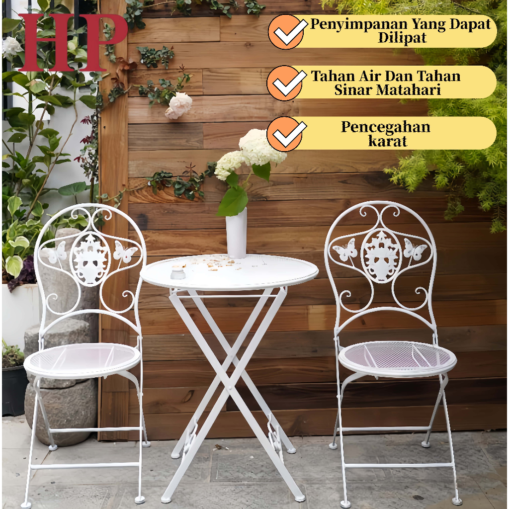 Kursi & Meja Lipat Outdoor Besi 3 Set Taman Kursi Cafe Makan Teras Taman Kursi Halaman