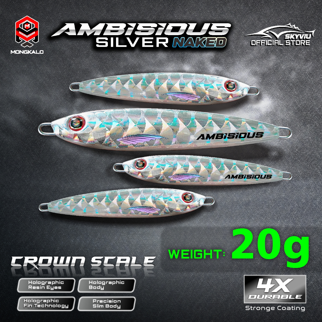 Metal Jig 20 Gram MONGKALO AMBISIOUS Naked Hologram Silver 20g Killer Umpan Pancing Laut 20 grm Ping