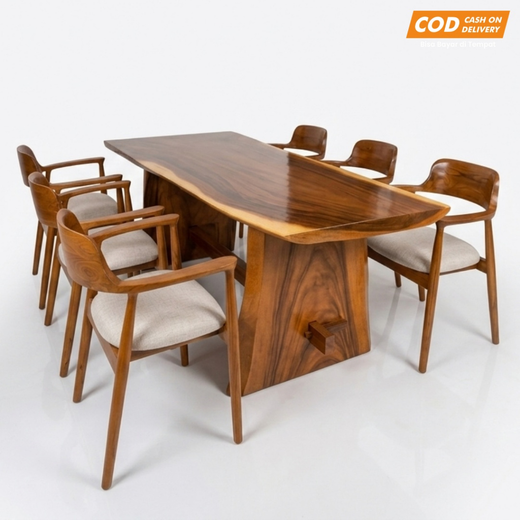 Meja Makan Kayu Trembesi Solid 6 Kursi Jati Minimalis Meja Makan Cafe Mewah Kayu Suar Utuh Modern
