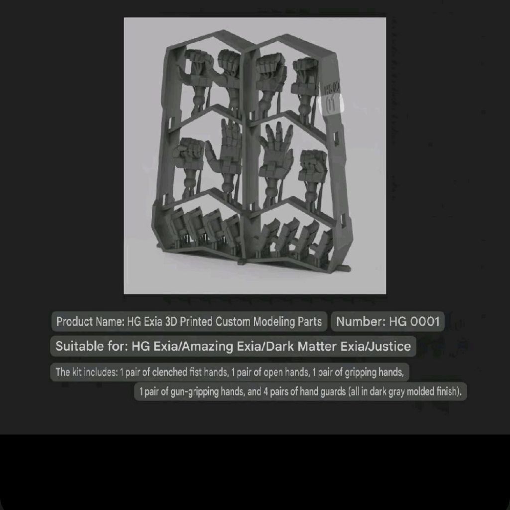 HAND SET 3D PRINT HG 1/144 GUNDAM 00 SERIES EXIA DYNAMES KYRIOS VIRTUE NADLEEH AMAZING EXIA DARK MAT