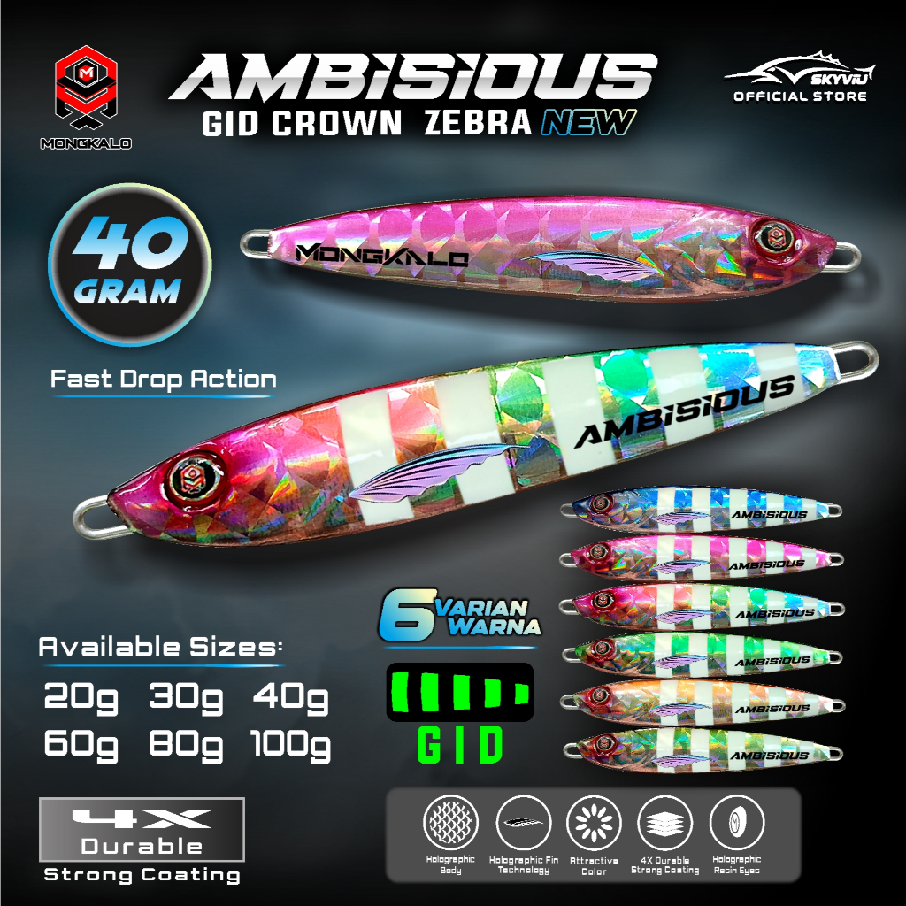Umpan Metal Jig 40 Gram MONGKALO AMBISIOUS GID Zebra Kipas Glow In The Dark Sisik Besar Micro Jig 40