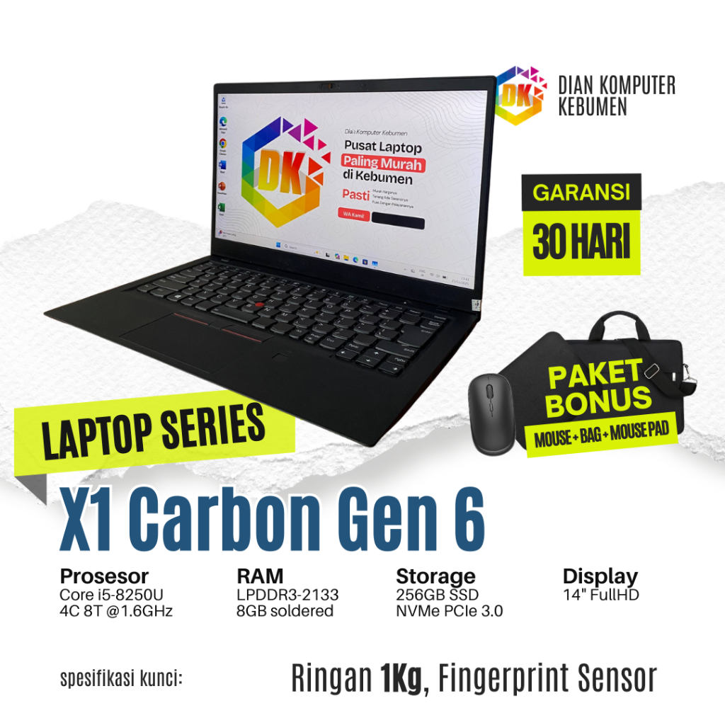 Laptop Thinkpad X1 Carbon G6 Core i5 Gen 8 RAM 8GB SSD 256GB 14" FHD Backlit Fingerprint Sensor