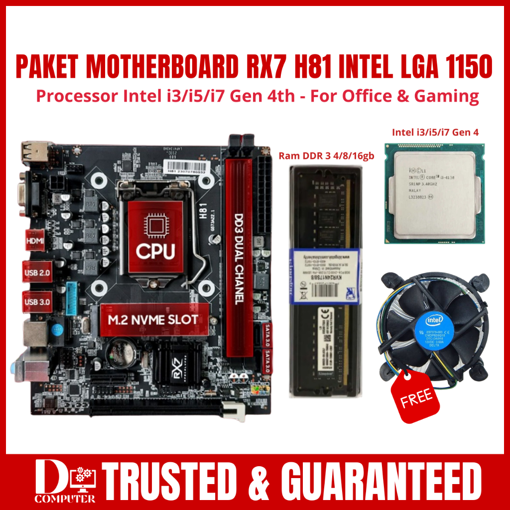 Paket Motherboard H81 RX7  Socket 1150 DDR3 M.2 NVME Support i3 4130 i5 4570 i7 4770 Mobo H81