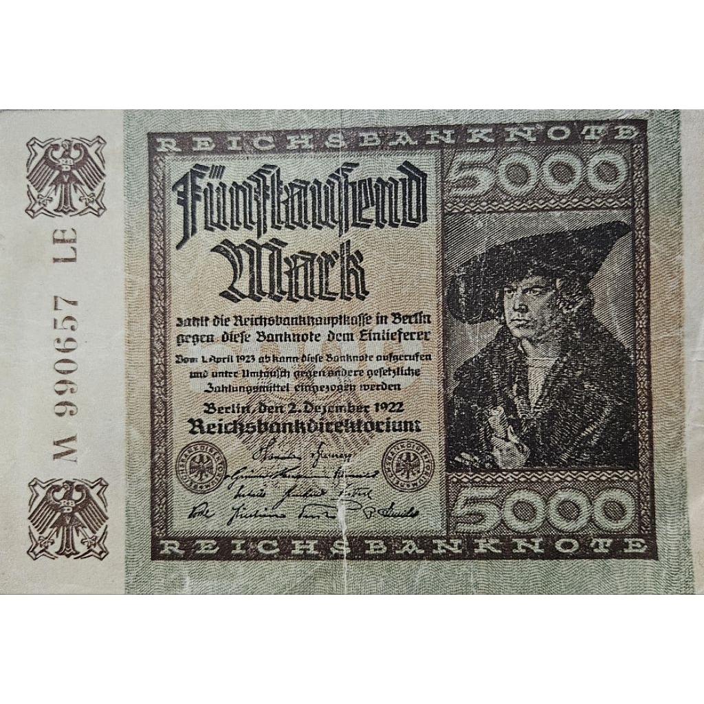 Uang Asing Negara Deutch Jerman 5000 Mark 1922 Kondisi Kertas AXF-XF Utuh renyah Bagus Dijamin origi