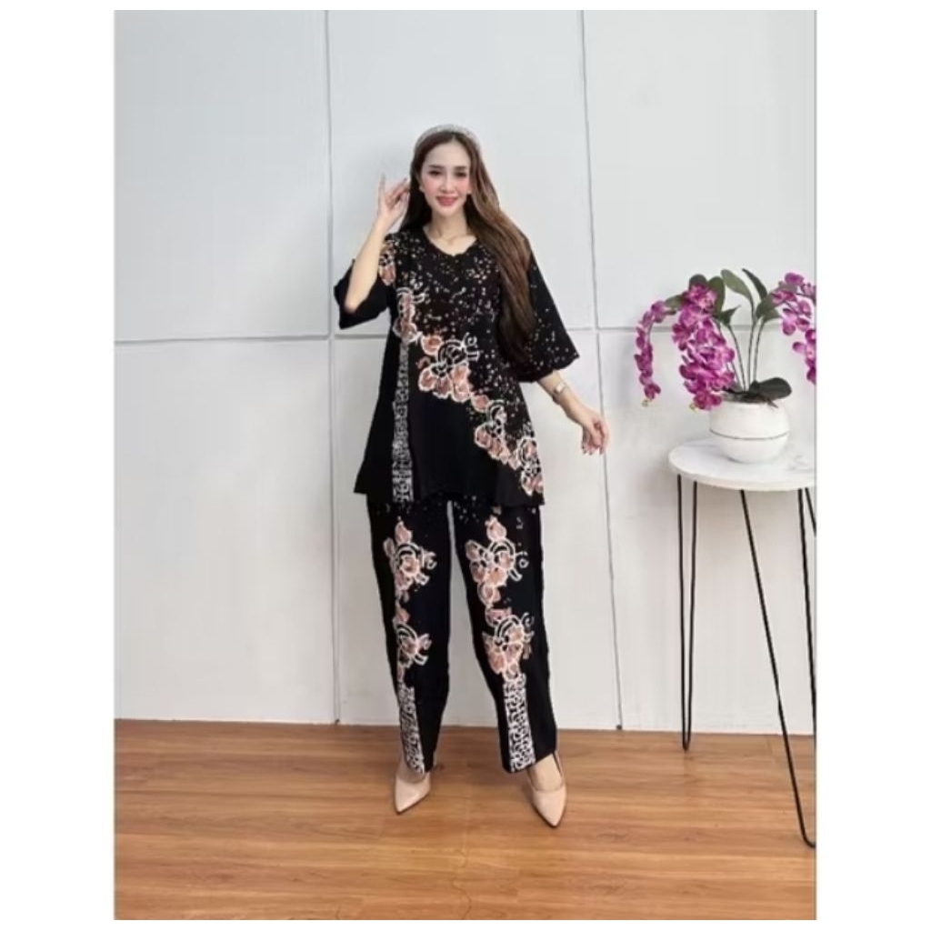 Setelan Celana Panjang LD 110vm CPLP Lengan 7/8 Batik Cap Malaman Asli Pekalongan Bahan Rayon Premiu