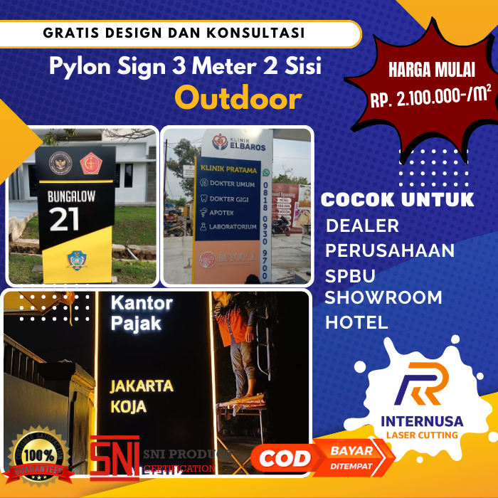 Pylon Sign 3 Meter 2 Sisi | Totem Sign Custom | Huruf Timbul LED | Papan Nama Toko Outdoor