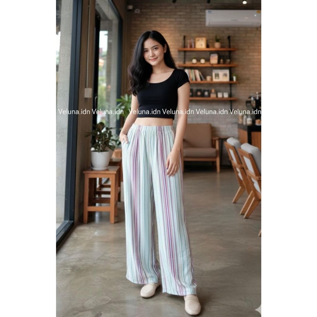 Veluna Stripe Pants Celana Kulot Jumbo Rayon Viscose Flowy Motif Kekinian Stripe Leopard Celana Wani