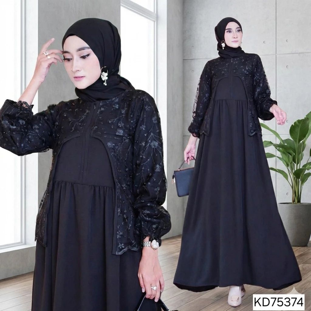 GAMIS ZIRA HITAM KD675374 SIZE L GAMIS LEBARAN BAJU LEBARAN MX BRUKAT HITAM LD 100 Dress Maxi dress 
