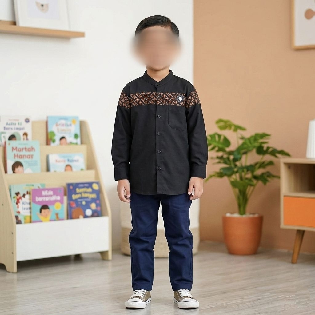 NEW Baju Koko Kobata Elrumi Anak Laki-Laki hitam Lengan Panjang Usia 7Tahun