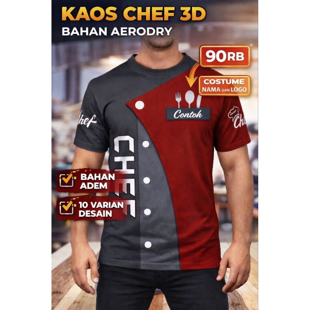 KAOS CHEF PRIA 3D SERAGAM KOKI KEKINIAN BAJU KOKI MODERN BAJU DAPUR RESTO BAHAN ADEM SIZE M-4XL bisa