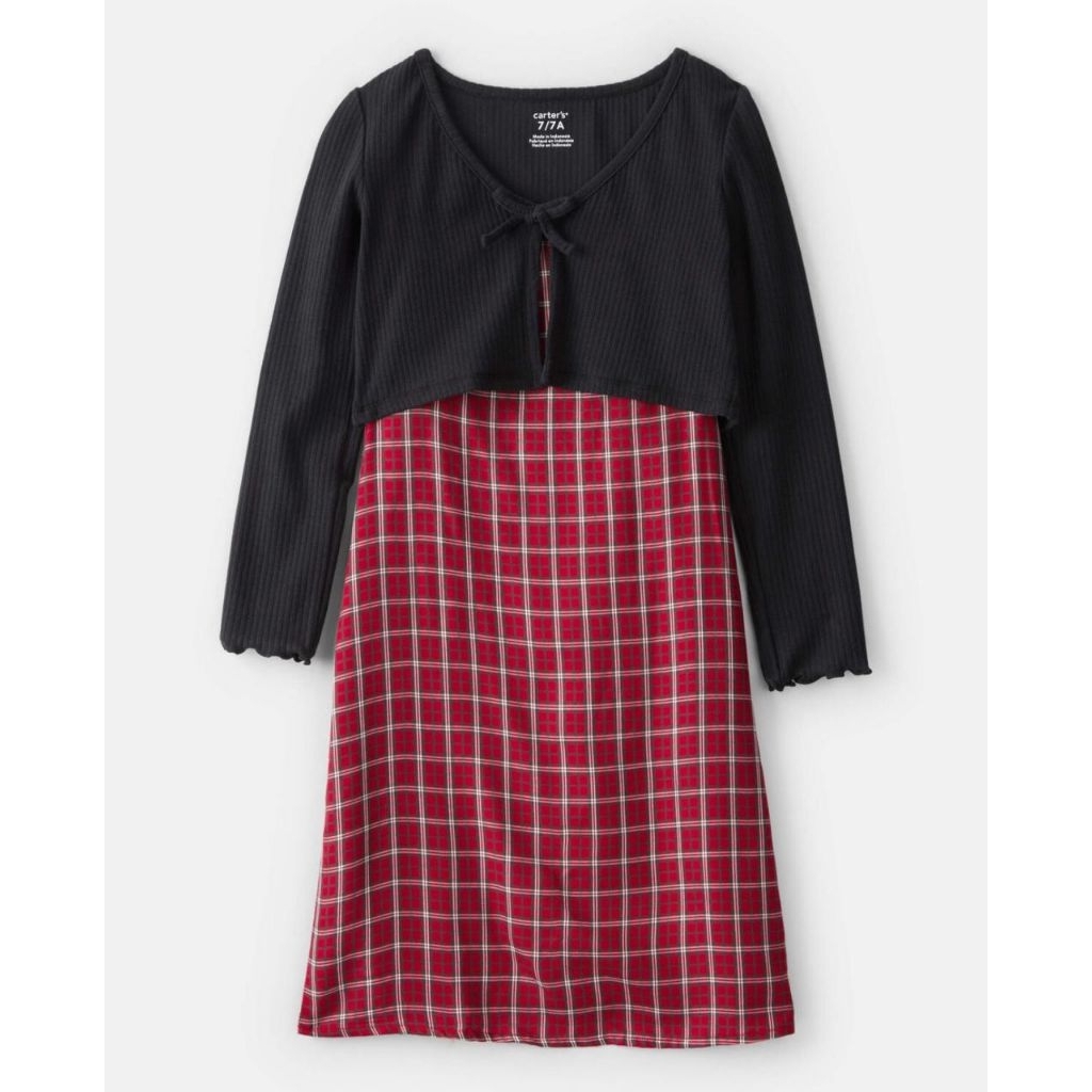 Dress Anak Perempuan Kombinasi Kotak Merah + Outer Hitam Lucu