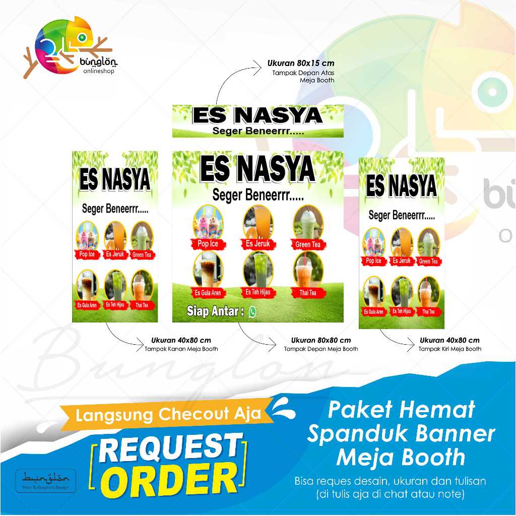 Spanduk Banner Paket Hemat Meja Booth es nasya seger bener custom