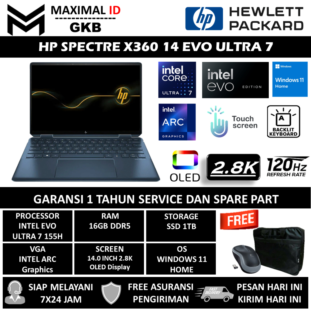 Laptop HP Spectre X360 Intel Evo Ultra 7 155H 16GB DDR5 1TB INTEL ARC 14.0 2.8K OLED TOUCH WIN11HOME