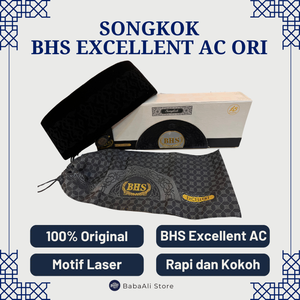 BabaAli - Songkok Peci BHS Excellent AC Tinggi 9 Original Ukuran 4-9 - Hitam Elegan & Motif Laser