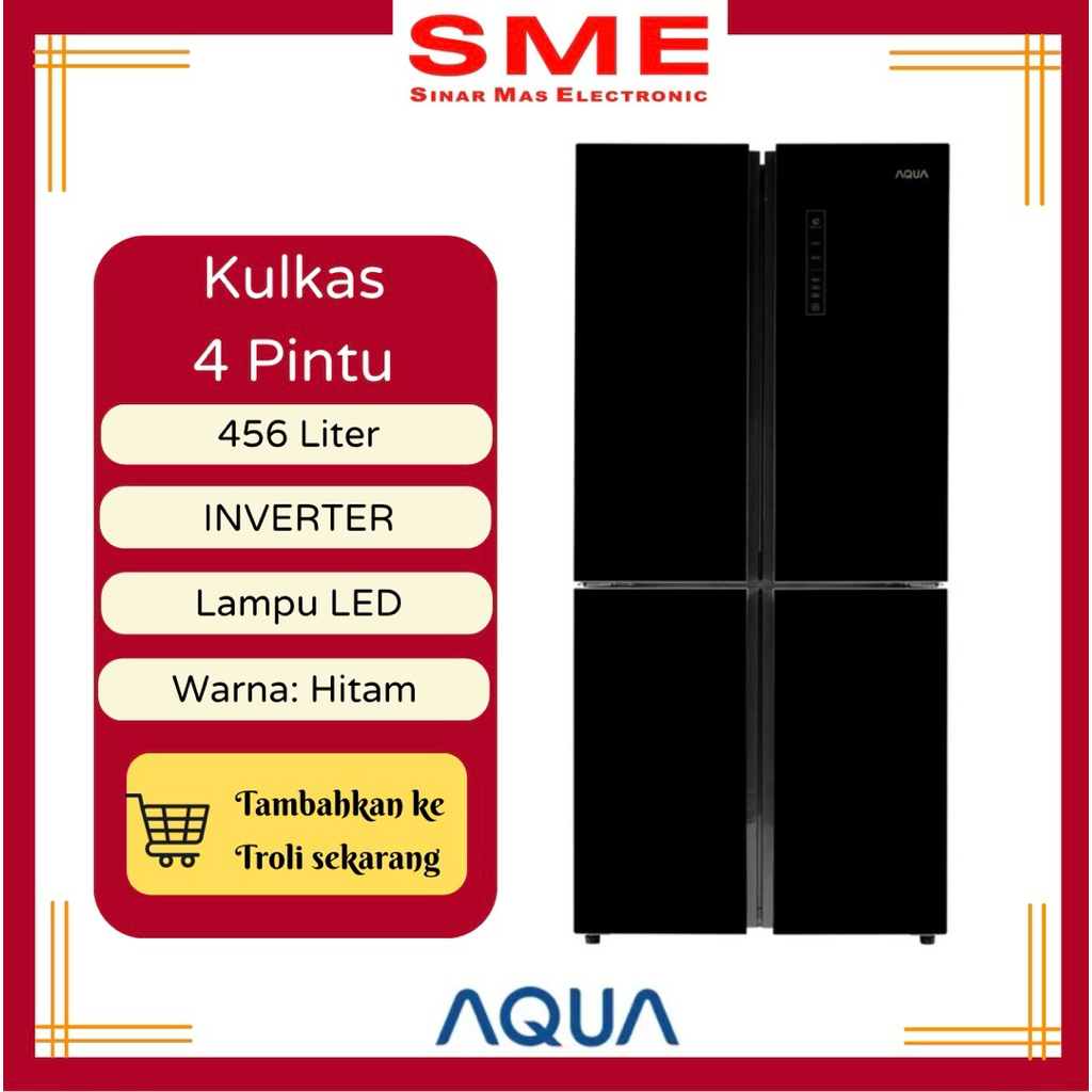 Kulkas 4 Pintu AQUA 456L INVERTER BLACK GLASS