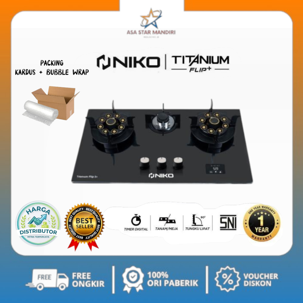 Niko Kompor Gas Tanam / Meja 3 Tungku Titanium Flip Plus Tungku Lipat / Kompor Niko 3 Tungku Tanam