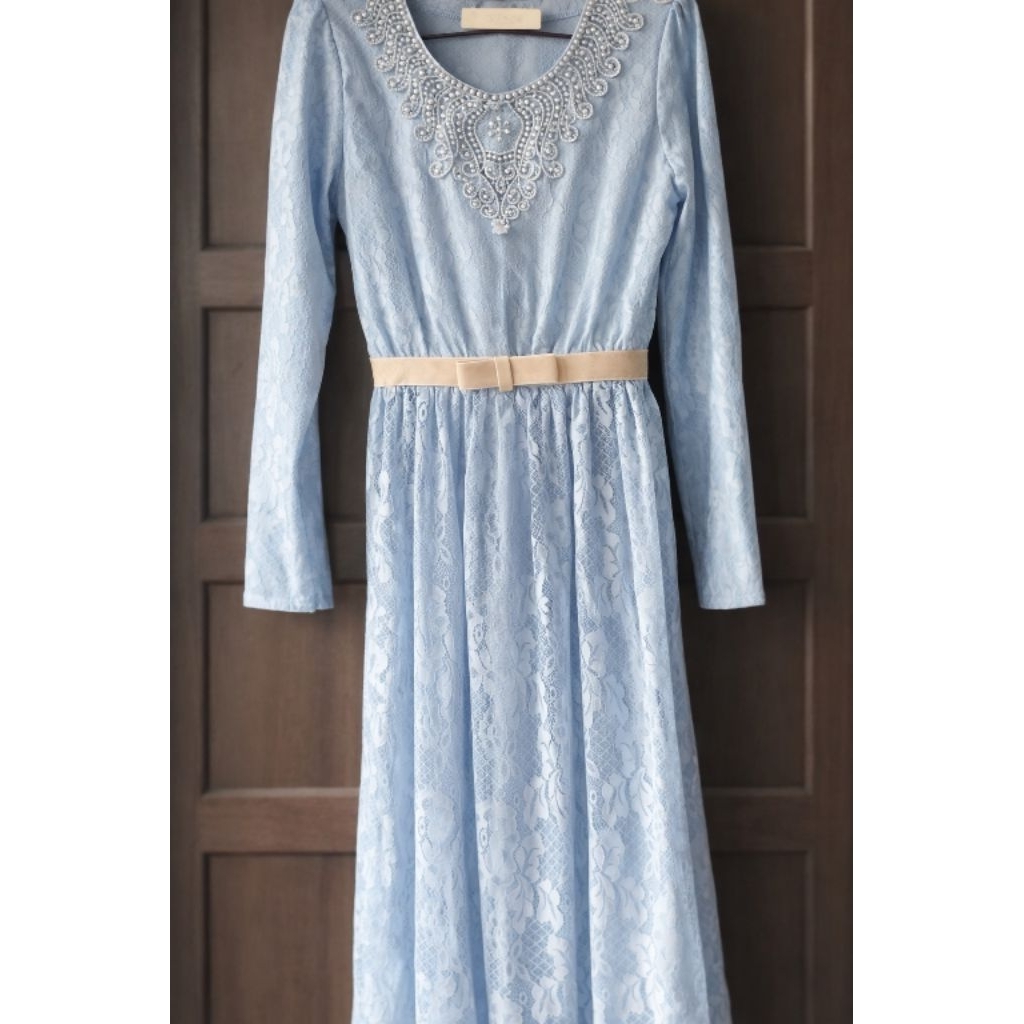 Gamis Brukat Furing Biru Muda | Gamis Kondangan | Preloved Like New