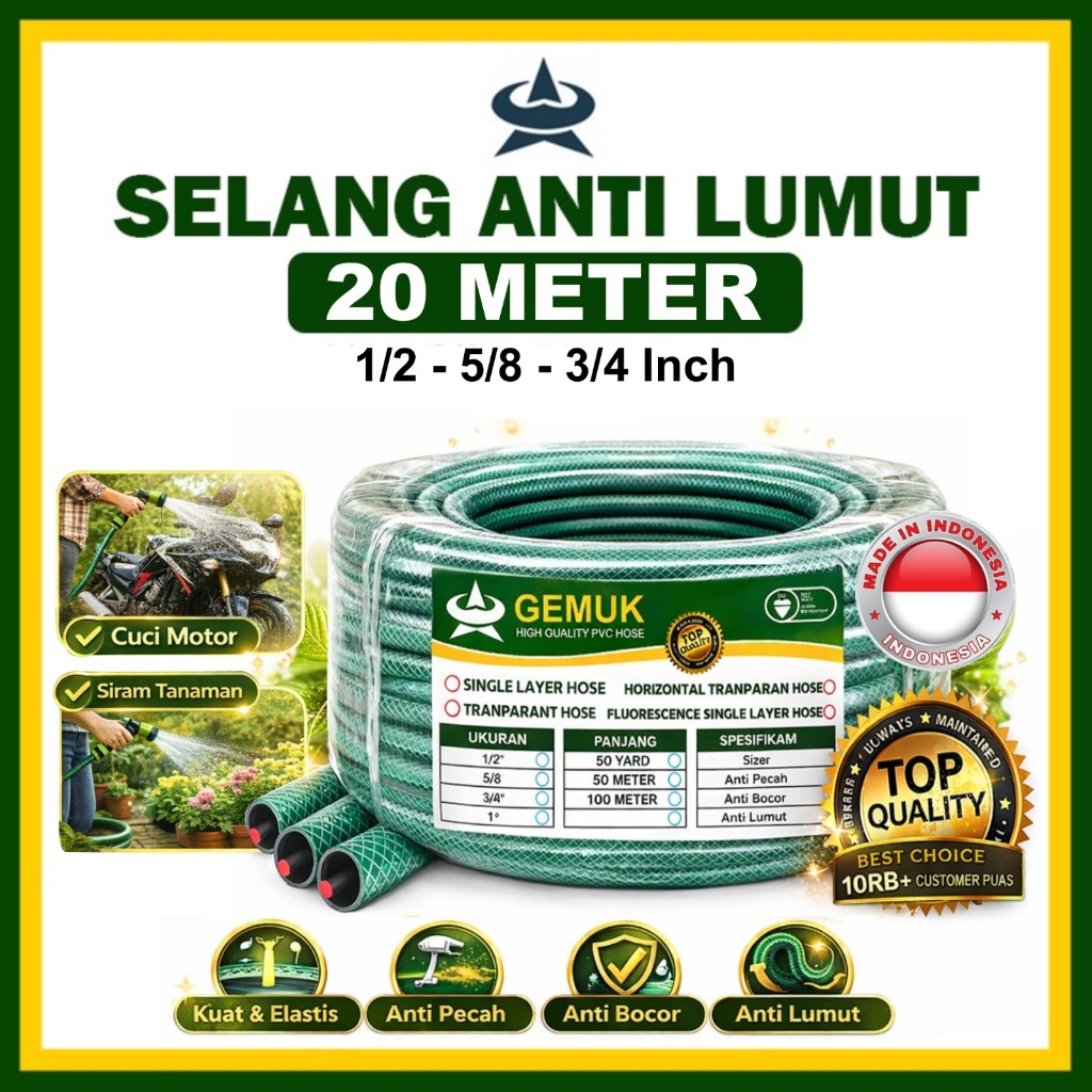 GEMUK Selang Air Taman 20 Meter Anti Lumut Selang Serat Benang Tebal Fleksibel Selang Cuci Mobil Sel