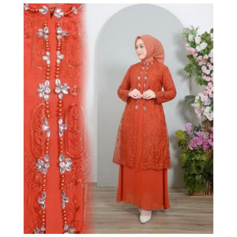 haghia Busana - Tunik Janggan Brukat Payet - Tunik Brukat Payet Tunik - Rok songket mocca