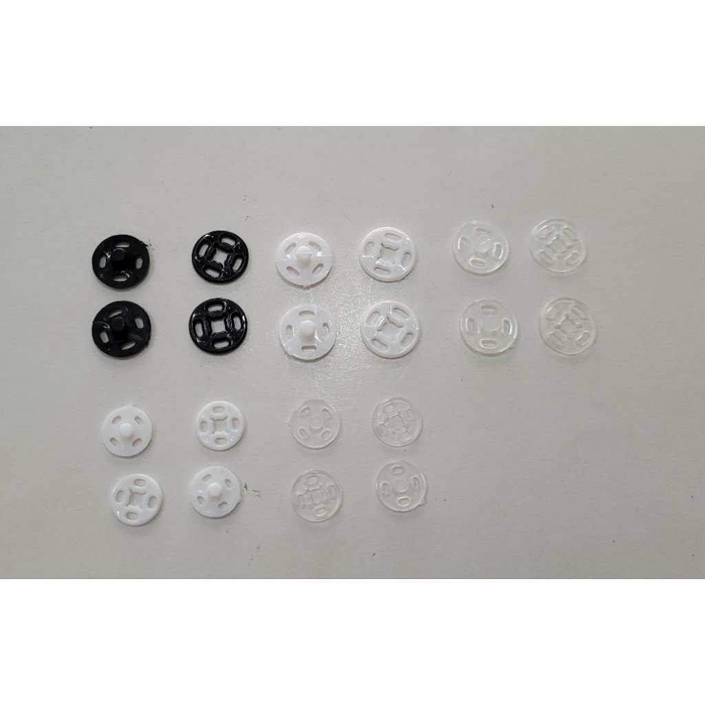 Kancing cetit Plastik 10mm 12mm . Hitam . putih . Bening . Snap button plastic Jepret . 100pc