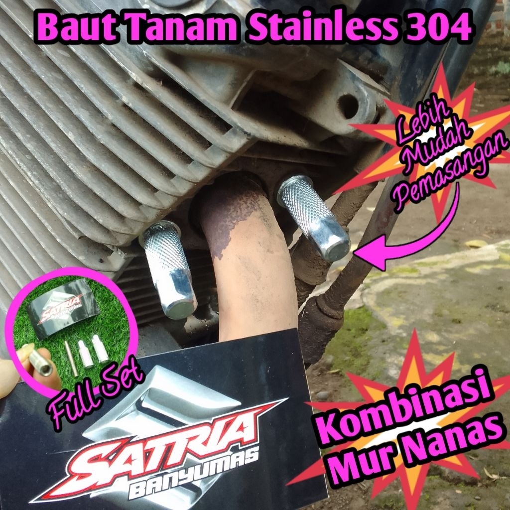 Baut Tanam Knalpot Satria Fu Stainless Steel 304, Baut Tanam Knalpot Motor Stainless Steel 304, Baut