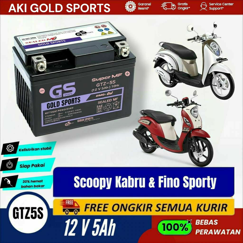 Aki GOLD SPORTS Motor Full Kering Motor Fino Scoopy Sporty Karbu GTZ5S 12V5Ah Accu Gel MF Baterai