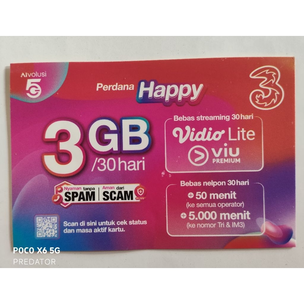 Nomor Tri Cantik Murah Kuota 3GB Nasional