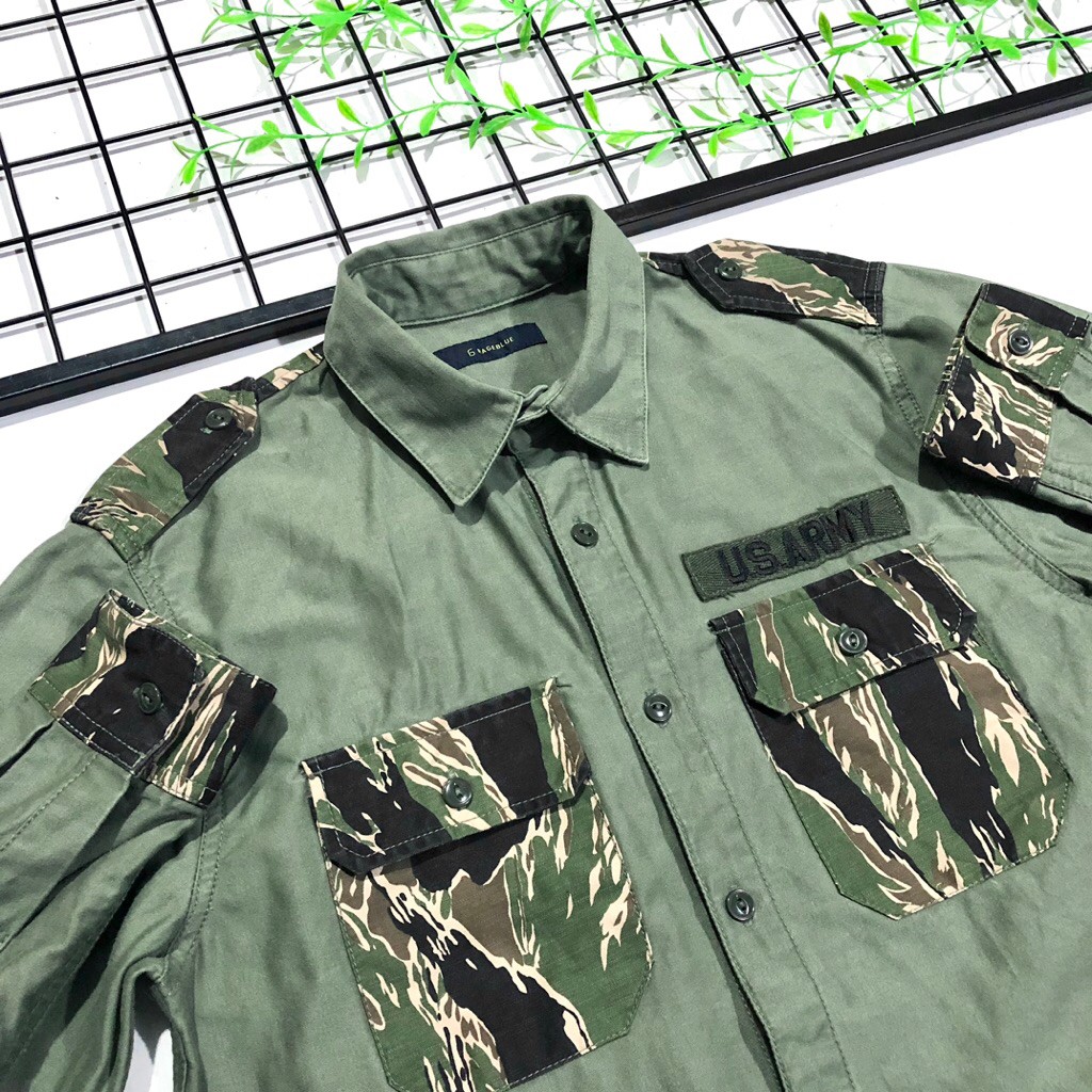 Kemeja Military Motif Tiger Stripes US Army not og 107