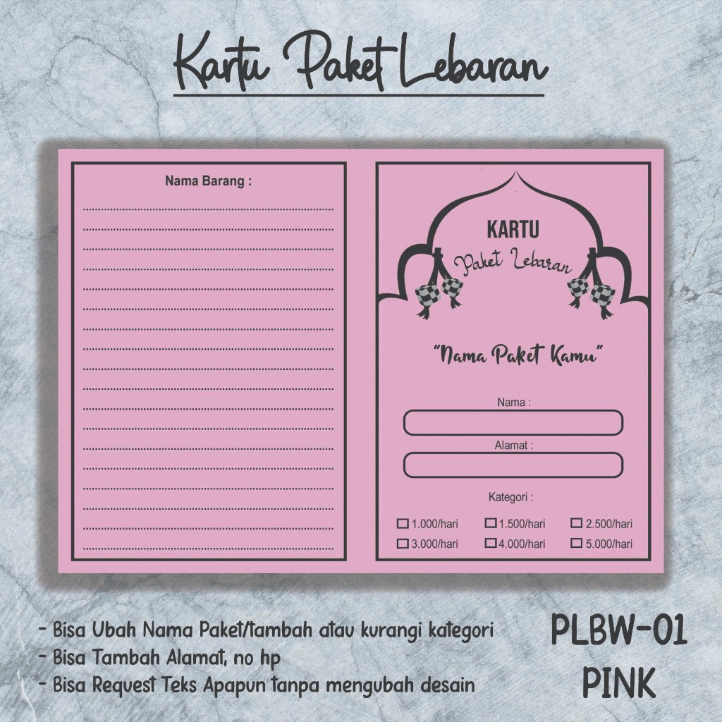 ISI 50 PCS (KODE PLBW-01) Kartu Paket Lebaran/Iuran/Arisan Ukuran A5