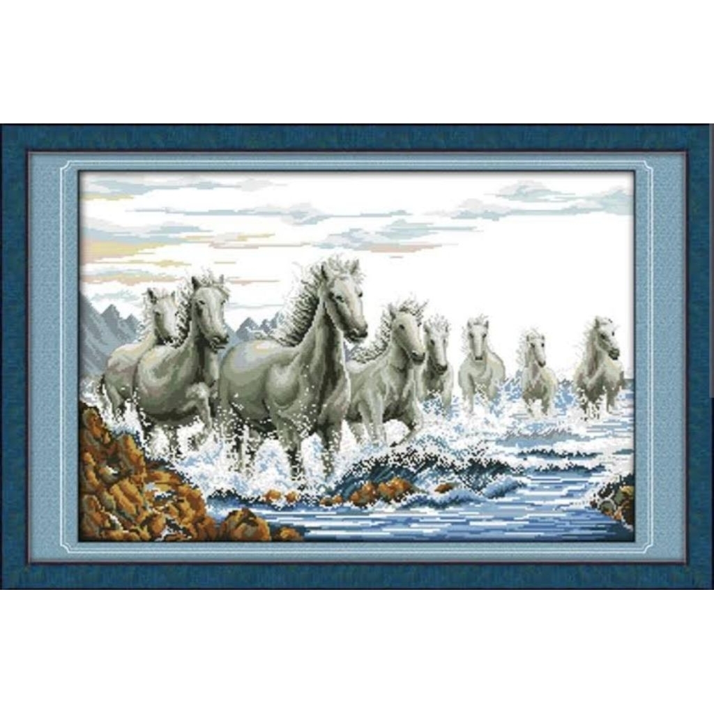 Paket kristik kuda 8 grey horses cross stitch dmc 14ct kerajinan tangan sulaman jahit sulam silang n