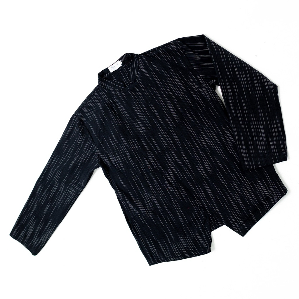 Kemeja Beskap Batik Pria Modern Lurik Hitam Lengan Panjang