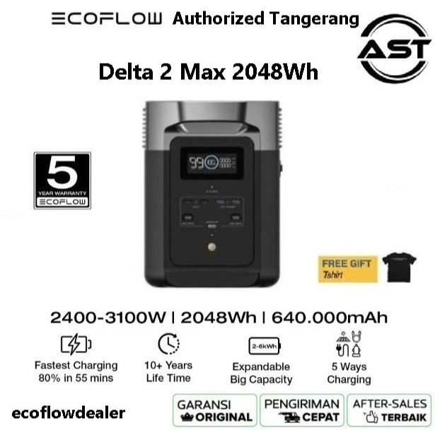 EcoFlow Delta 2 Max 2048Wh Power Station Portable 2400W AC Output 2048Wh Kapasitas Dapat Diperbesar 