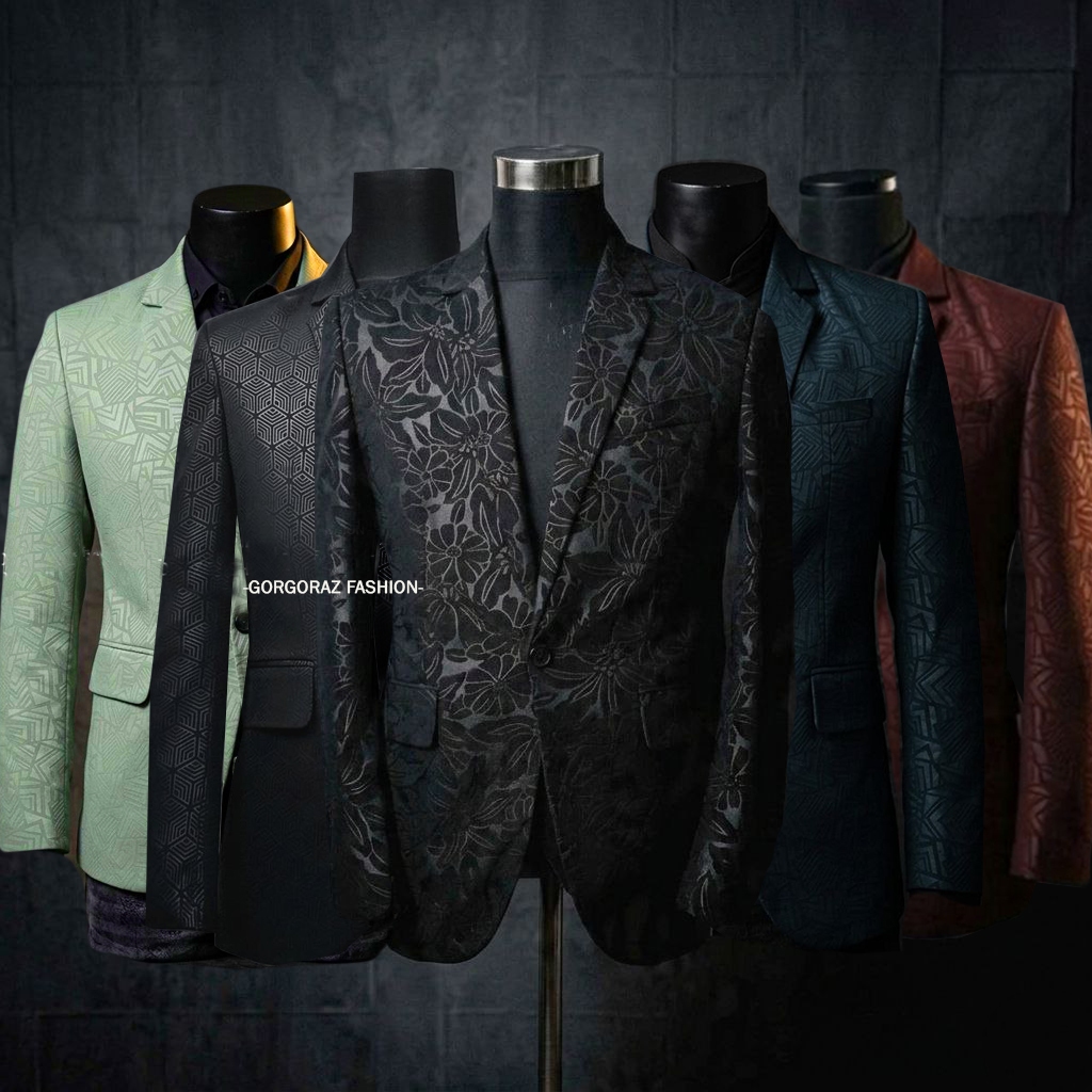 jas blazer batik pria cetak motif bunga abstrak hitam merah biru sage slimfit casual formal realpic